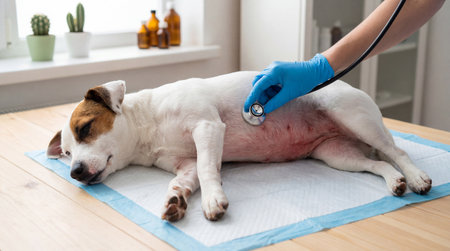a veterinarian in blue gloves examines a dog lying on a table with a stethoscope in a bright vet clinic room for a checkup and diagnosisの素材
