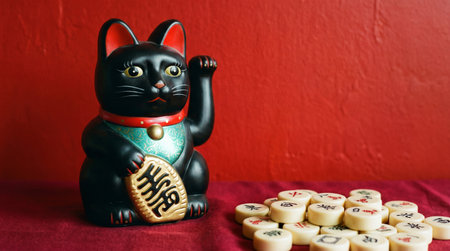 a still life shot of a black maneki neko cat figurine holding a coin, next to a pile of mahjong tiles, set against a vibrant red backdropの素材
