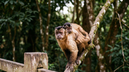 a capuchin monkey is seen carrying its baby on its back while sitting on a tree branch in a forest, with a wooden fence in the foregroundの素材
