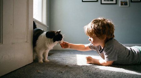 a young boy is lying on the carpet reaching out to a black and white cat that is standing near a white doorframe in a brightly lit roomの素材