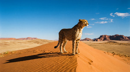 a cheetah stands majestically on a sand dune, surveying the vast desert landscape under a clear blue sky, embodying the spirit of the wild.の素材