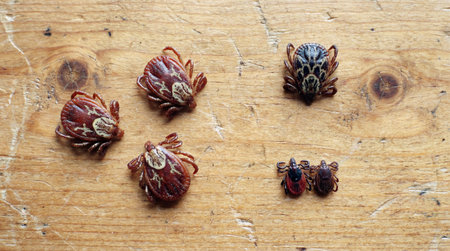 a close up shot of several ticks of varying sizes and colors resting on a wooden surface, highlighting their intricate details and texturesの素材