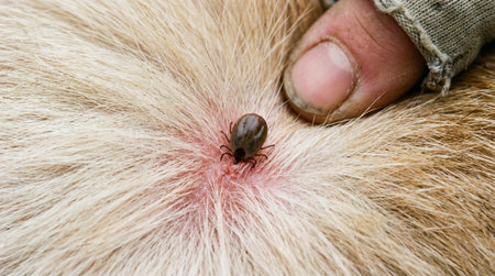 a close up shot shows a tick embedded in animal fur with redness on the skin near a finger, highlighting a health concern for the animalの素材
