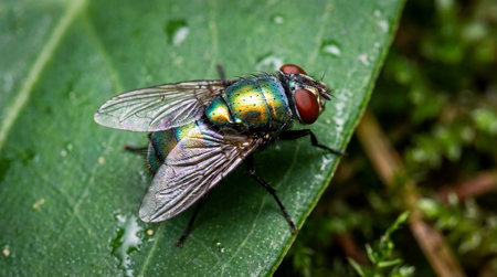 a vibrant close up showcases an iridescent fly with striking red eyes resting on a lush green leaf, capturing nature's intricate details.の素材