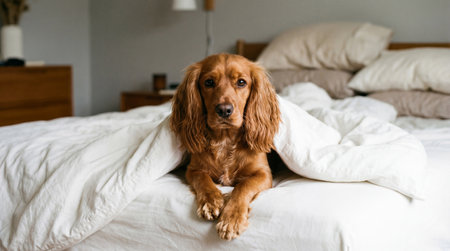 a cute cocker spaniel dog is lying on a white bed under a white duvet looking at the camera indoors in a bedroom with a blurred backgroundの素材