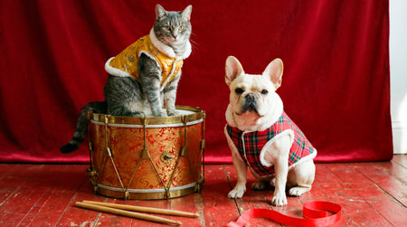 a cat sits atop a drum while a dog poses beside it, both adorned in festive attire, set against a vibrant red backdrop in a studio environmentの素材