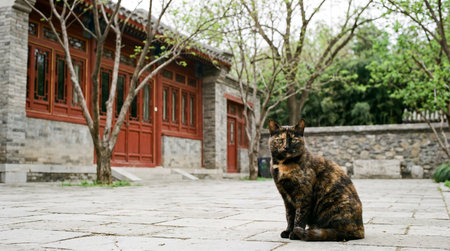 a tortoiseshell cat sits in a stone courtyard with red wooden buildings and bare trees in the background, creating a traditional asian sceneの素材
