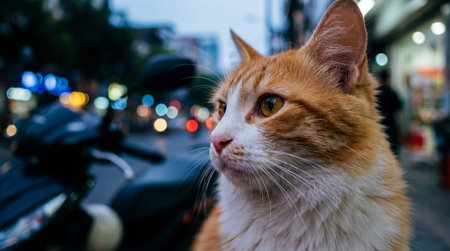 a close up shot of a ginger and white cat sitting on a motorbike, with blurred city lights creating a bokeh effect in the background.の素材