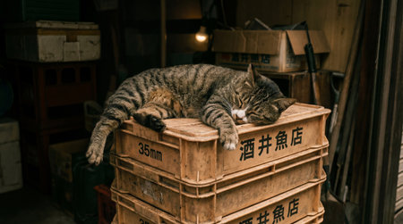 A tabby cat peacefully sleeps atop stacked crates with Japanese writing, creating a serene indoor scene amidst boxes and a relaxed atmosphere.の素材