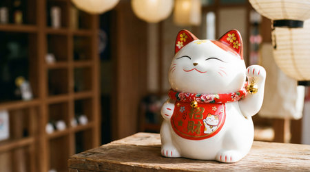 a charming maneki neko figurine rests on wood, lanterns softly glow behind, shelves add depth, creating a serene and inviting atmosphereの素材