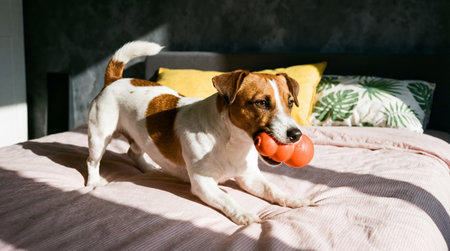 a jack russell terrier is on a pink bed holding an orange toy in its mouth. there are pillows in the background and the sun is shining in the roomの素材