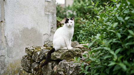 a striking white and black cat perched on a mossy stone wall, with lush green foliage creating a beautiful natural backdrop. A serene outdoor sceneの素材