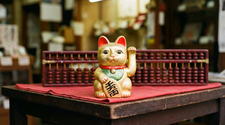 a golden maneki neko figurine with a red collar and a green bib sits on a red cloth with an abacus in the background on a dark wooden tableの素材
