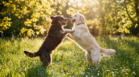 two dogs, a golden retriever and a mixed breed, are playing in a grassy field with sunlight shining through the trees in the background outdoorsの素材