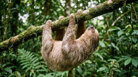 a cute sloth hangs upside down from a mossy branch in a lush green forest. the animal is looking up at the sky above in its natural habitat.の素材