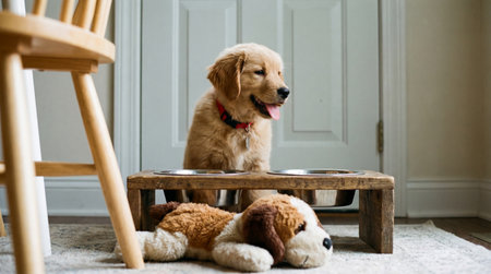 a golden retriever puppy with a red collar sits behind feeding bowls next to a stuffed animal on a rug, with a chair nearby in an indoor settingの素材
