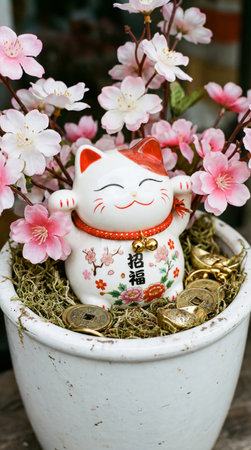 a charming maneki neko cat figurine nestled among delicate pink blossoms and golden coins, a symbol of luck and prosperity in a ceramic potの素材