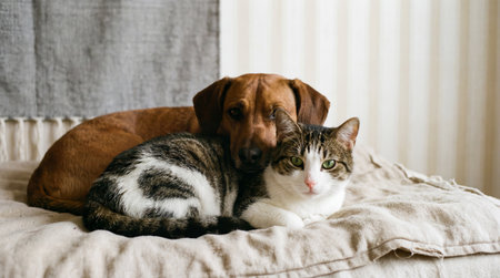 a dog and cat are cuddling on a bed. the dog is brown and the cat is tabby. they are both lying on a blanket. it looks like a cozy sceneの素材