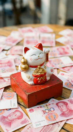 a lucky cat figurine sits on a red base surrounded by chinese yuan banknotes, symbolizing fortune and prosperity on a wooden table.の素材