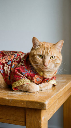 a ginger tabby cat is wearing a red and gold floral jacket while sitting on a wooden table, looking directly at the camera with a calm expressionの素材