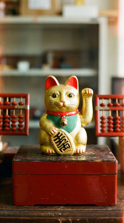 a golden maneki neko cat figurine sits atop a red box, flanked by abacuses, set against a blurred backdrop. it is a symbol of luck and fortune.の素材