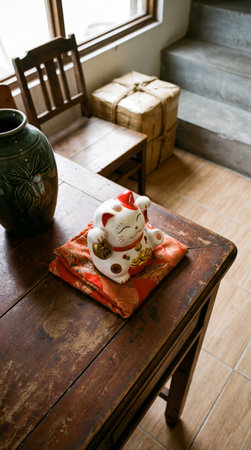 a maneki neko cat figurine is sitting on an orange cushion on a wooden table, with a vase nearby, creating a serene and inviting sceneの素材