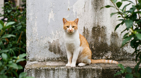a ginger and white cat sits gracefully on a ledge, its gauze fixed forward, with a weathered wall and lush greenery framing the sceneの素材