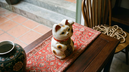 A maneki neko sits on a red patterned runner on a wooden table. A vase and rope are nearby. The scene is indoors and features a chair.の素材