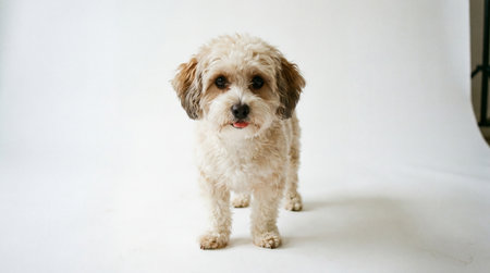 A cute fluffy dog with brown ears is standing on a white background. The dog is looking directly at the camera with its tongue slightly out.の素材