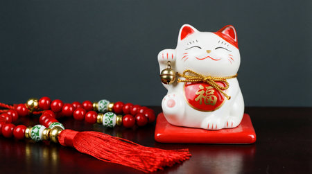 a charming lucky cat figurine stands beside a vibrant red beaded tassel necklace, creating a serene and inviting still life arrangement.の素材