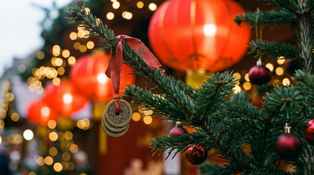 close up of a decorated tree with chinese lanterns and lucky coins. the tree is adorned with red ornaments and festive lights in the backgroundの素材