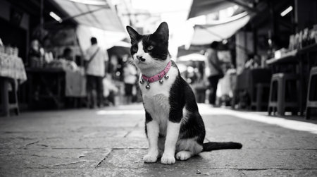 a black and white cat with a pink collar sits in a market street. the cat is looking away, and the background is blurred with people and shops.の素材