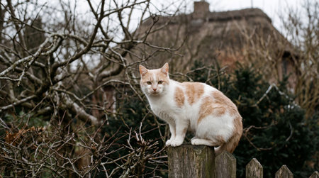a white and orange cat sits perched atop a weathered wooden fence post, with a traditional thatched roof house and bare trees in the background.の素材