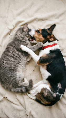 a gray tabby cat and a tricolor dog are playfully interacting on a wrinkled cream colored sheet. the animals appear to be enjoying each otherの素材