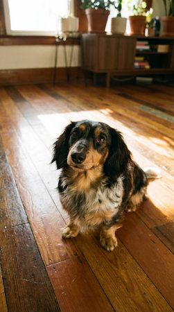 a long haired dachshund sits on a wooden floor in a sunlit room. plants and furniture are visible in the background, creating a cozy atmosphere.の素材