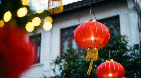 red chinese lanterns hanging billboards create a festive atmosphere with blurred lights and a building in the background, evoking cultural celebrationsの素材
