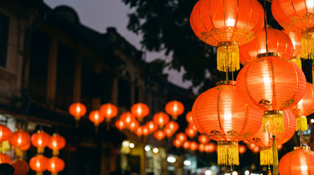 a vibrant display of red Chinese lanterns illuminates a street at night, creating a festive and culturally rich atmosphere for celebrationsの素材