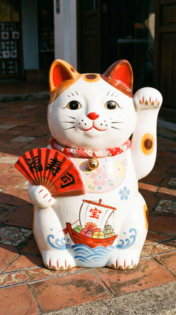 a maneki neko figurine, adorned with a fan and a boat design, stands on a tiled surface, embodying luck and prosperity outdoors.の素材
