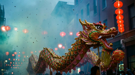 a vibrant golden chinese dragon dances through a city street, surrounded by red lanterns and smoke, celebrating a festive occasion in chinatownの素材
