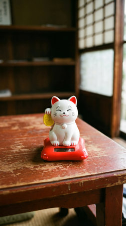 a maneki neko figurine with a raised paw on a red base sits on a worn wooden table in front of a window and bookshelf, creating a charming sceneの素材