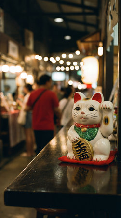 a maneki neko cat figurine sits on a dark wooden surface, with blurred people and lights in the background, creating a sense of mystery.の素材