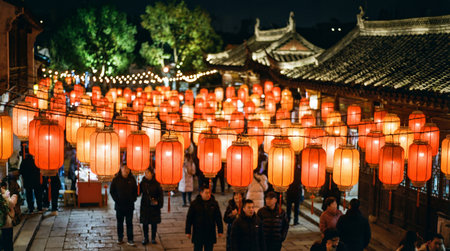 A vibrant display of red lanterns illuminates a bustling street at night, creating a festive atmosphere in this captivating Asian city scene.の素材