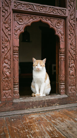 a cat sits royally in a carved doorway, its orange and white fur contrasting with the dark wood, creating a striking and elegant compositionの素材