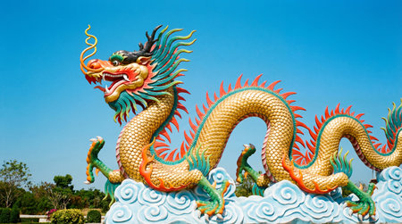 a golden chinese dragon statue is set against a clear blue sky. the statue is on a cloud base and looks vibrant in the sunlight. it is an outdoor shotの素材