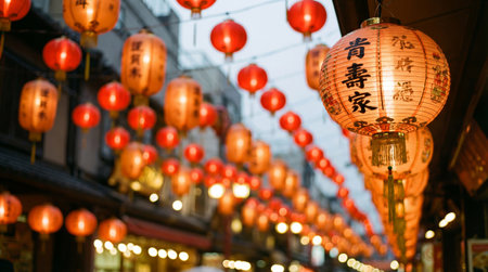 A street view featuring many red and orange Chinese lanterns hanging, likely for a festival or celebration event, creating a vibrant and festive atmosphereの素材