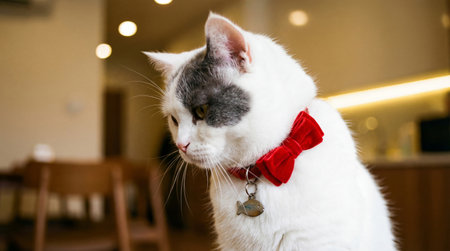 A white cat with a gray patch wears a red bow tie and fish tag, looking down in a softly lit interior. The cat is the main focus of the image.の素材