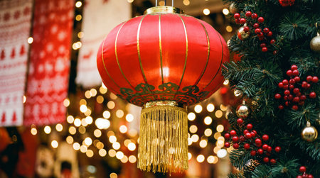 a close up shot of a red chinese lantern with a gold tassel hanging next to a christmas tree decorated with bokeh lights and ornamentsの素材