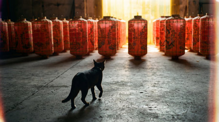 a black cat walks towards rows of red chinese lanterns in a warehouse. the scene is dimly lit, creating shadows and a sense of mystery and cultureの素材