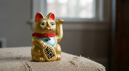 a golden maneki neko cat figurine with a red collar and a bell, sitting on a burlap covered surface, near a window letting in natural lightの素材