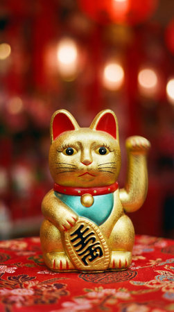 a golden maneki neko cat figurine sits on a red patterned surface, with a blurred red and yellow bokeh background, symbolizing good fortune.の素材